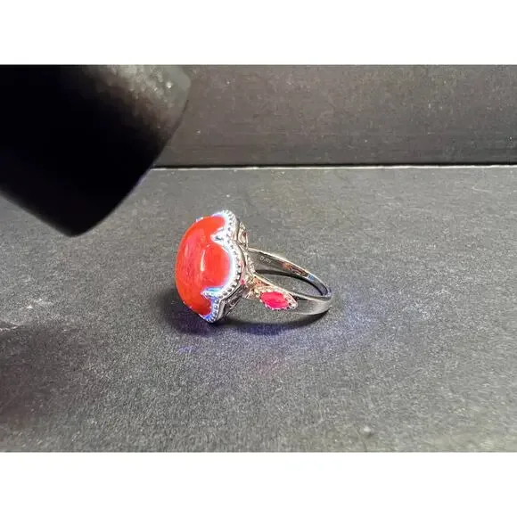 NEW cherry red jade and ruby blossom ring in rhodium over sterling silver size 9